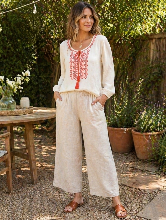Joie Tops - Soft Joie Embroidered Boho Blouse XS Cream Tassel Tie Neck Top